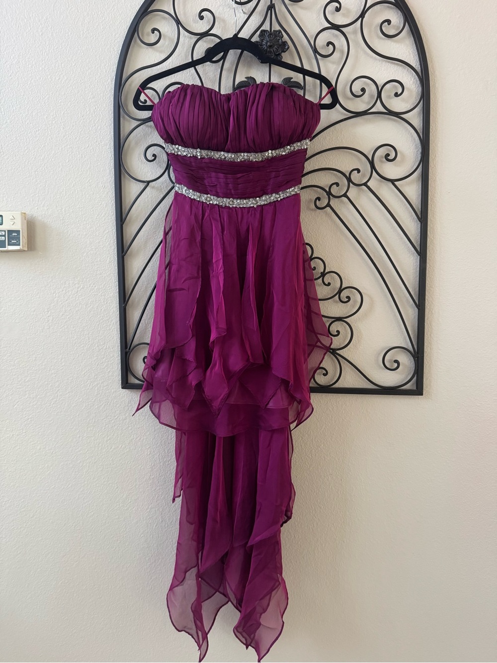 Girls Strapless Ruffled High-Low Party Dress in Deep Magenta